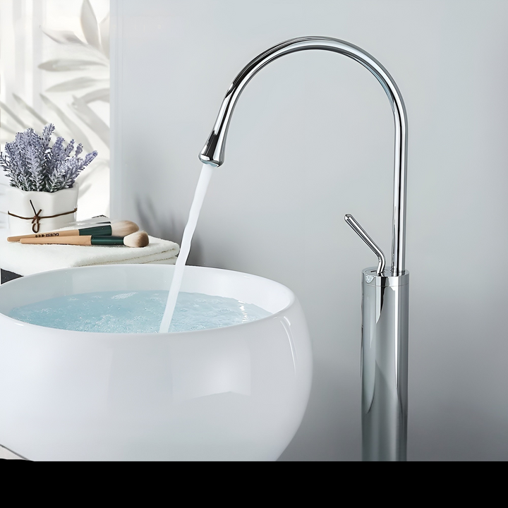 Washbasin tap in brushed look – countertop tap, hot-cold mixer, brass fitting for the living area | Bowlift