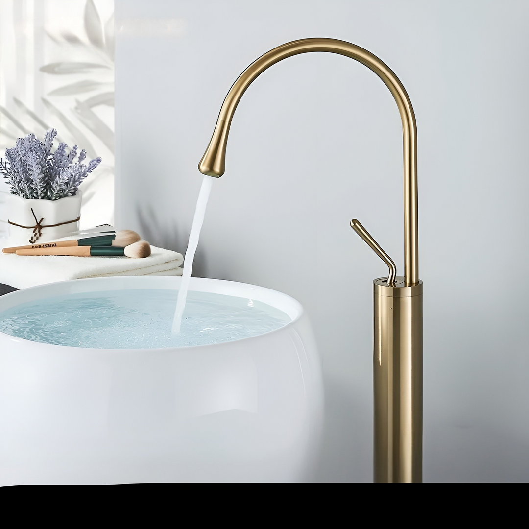 Washbasin tap in brushed look – countertop tap, hot-cold mixer, brass fitting for the living area | Bowlift