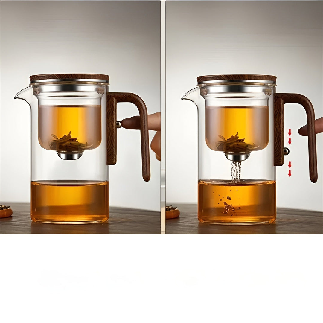 Glass teapot with wooden handle – One-click filter | Perfect for loose tea & Puer | Bowlift