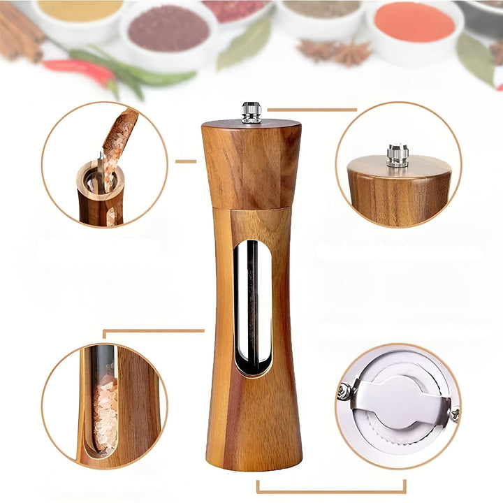 Manual salt and pepper mills – wood design with acrylic window | Set of 2 mills | Bowlift