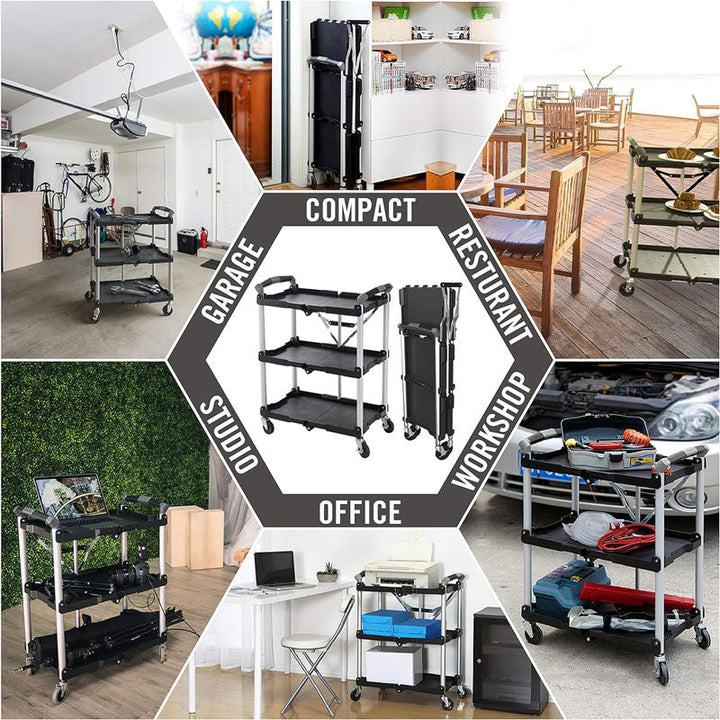 BowLift | Utility Carts Foldable Utility Service Cart  Shelf 150LBS Heavy Duty Plastic Rolling Cart Folding Collapsible Service Cart