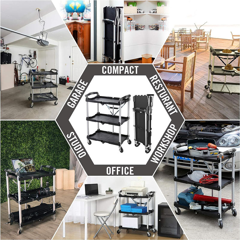 BowLift | Utility Carts Foldable Utility Service Cart  Shelf 150LBS Heavy Duty Plastic Rolling Cart Folding Collapsible Service Cart