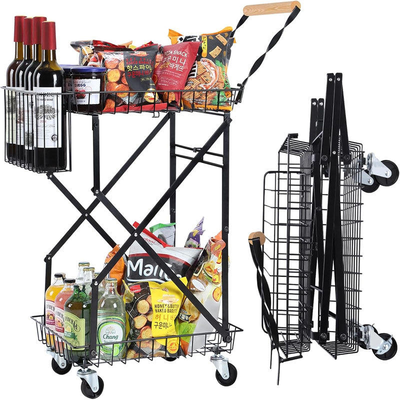 BowLift | 2-Tier Utility Carts Multi Use Functional Collapsible Carts with 360 ° Swivel Wheels Lockable Trolley
