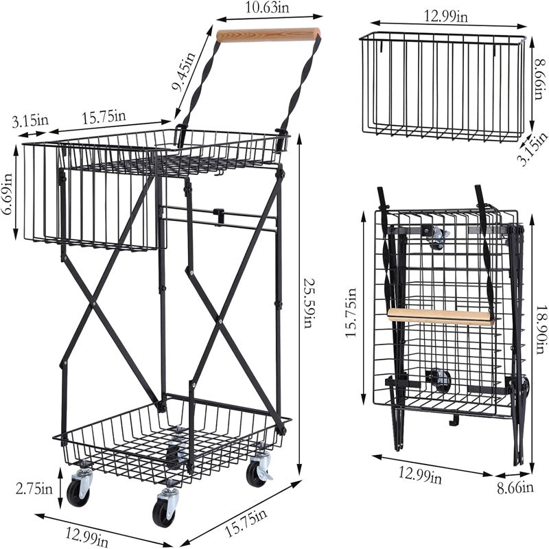 BowLift | 2-Tier Utility Carts Multi Use Functional Collapsible Carts with 360 ° Swivel Wheels Lockable Trolley