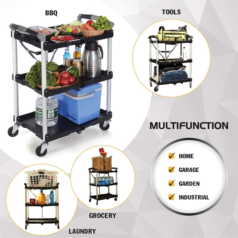 BowLift | Utility Carts Foldable Utility Service Cart  Shelf 150LBS Heavy Duty Plastic Rolling Cart Folding Collapsible Service Cart