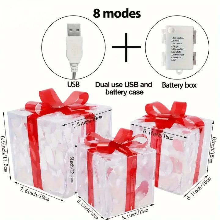 BowLift | Verlichte Geschenkdozen – Set van 3 LED Kerstdecoraties voor een Warme Feestsfeer