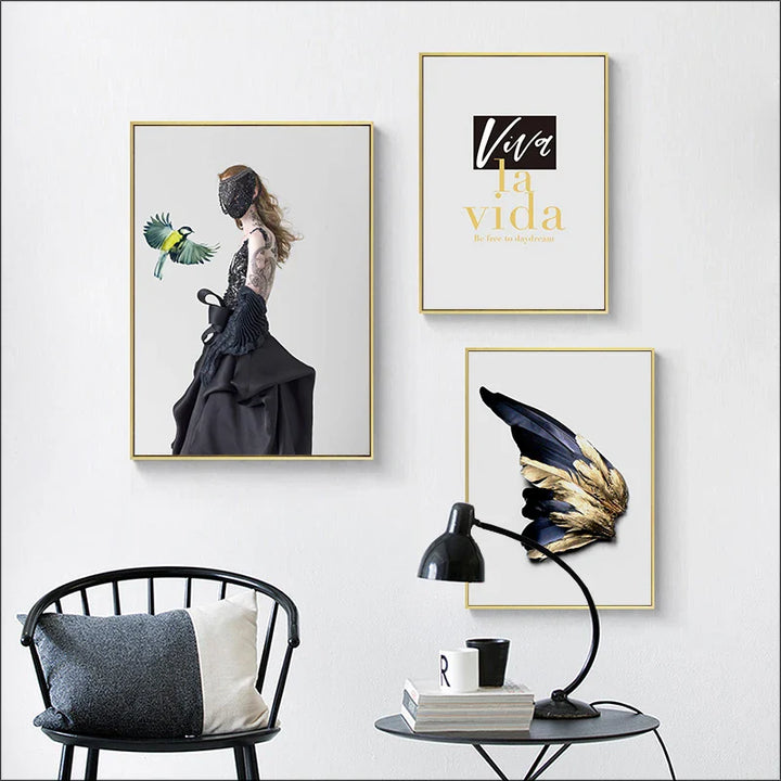 Viva La Vida Minimalist Feather Fashion Lifestyle Quotation Wall Art Fine Art Canvas Prints Pictures For Living Room Inspirational Nordic Home Decor | Bowlift