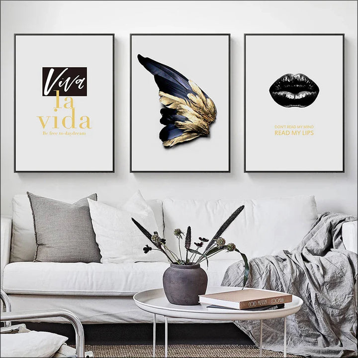 Viva La Vida Minimalist Feather Fashion Lifestyle Quotation Wall Art Fine Art Canvas Prints Pictures For Living Room Inspirational Nordic Home Decor | Bowlift