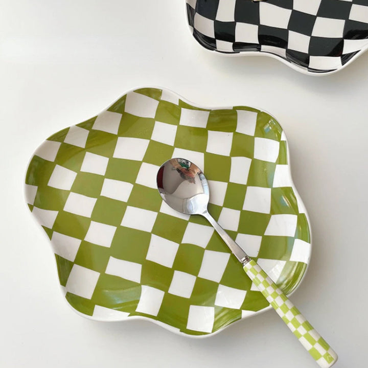 Wavy Edge Checkerboard Tray - Black, Green | Bowlift