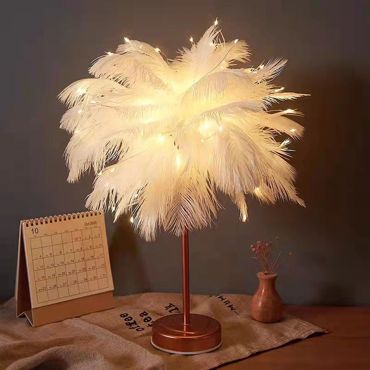 BowLift | Ostrich Night lamp | Eccentric lamp with feathers & rose gold base