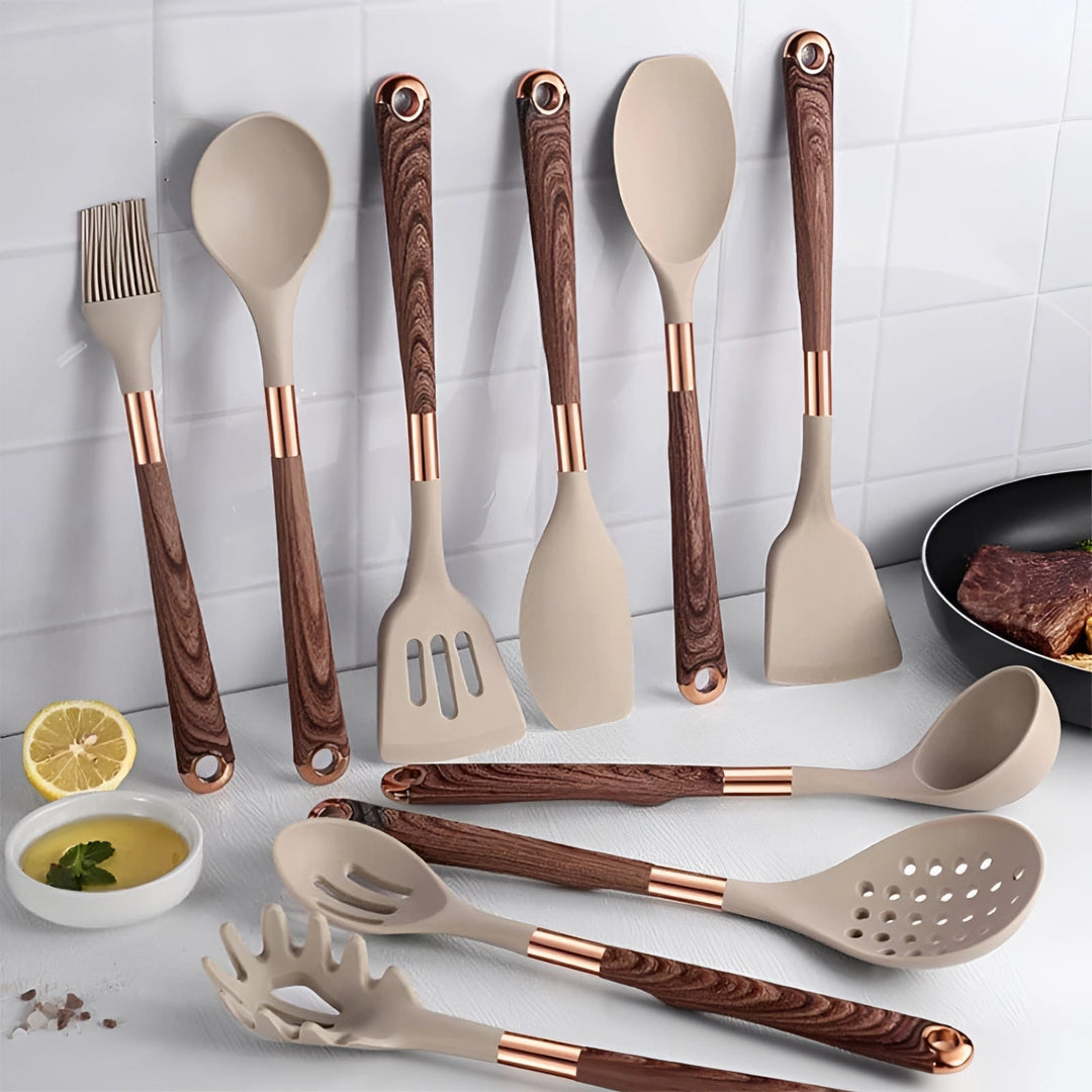 BowLift | Wood and Silicone Kitchen Utensil Set – 10 Pieces, Heat Resistant, Ergonomic Handles