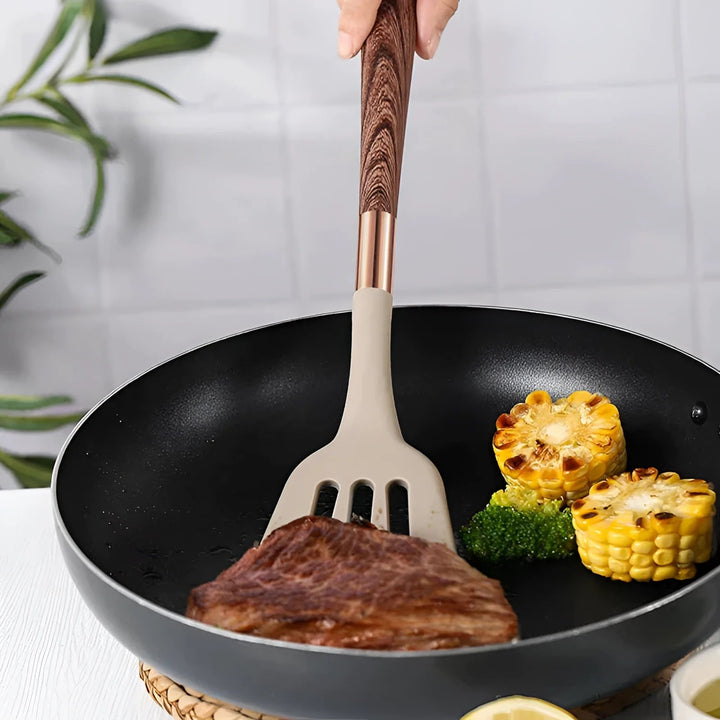 BowLift | Wood and Silicone Kitchen Utensil Set – 10 Pieces, Heat Resistant, Ergonomic Handles