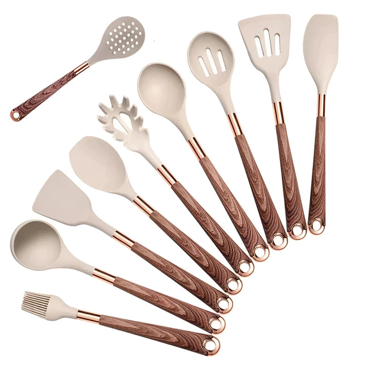 BowLift | Wood and Silicone Kitchen Utensil Set – 10 Pieces, Heat Resistant, Ergonomic Handles