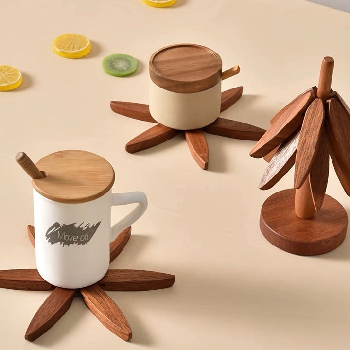 BowLift | Set of wooden coasters with decorative holder – Protection against heat and a stylish addition to the kitchen