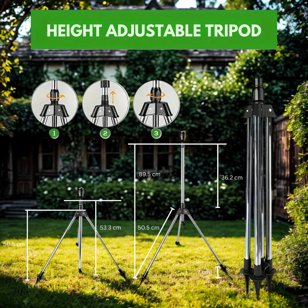 BowLift | Adjustable 360° Garden Sprinkler on Tripod – Stainless Steel Height-Adjustable Lawn Irrigation System