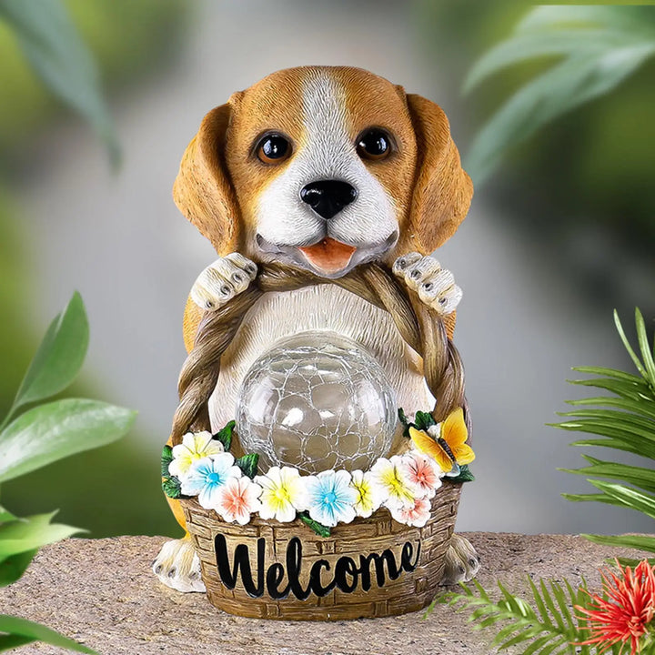 Solar-powered dog sculpture with LED – Weatherproof decorative figure for garden and terrace | Bowlift