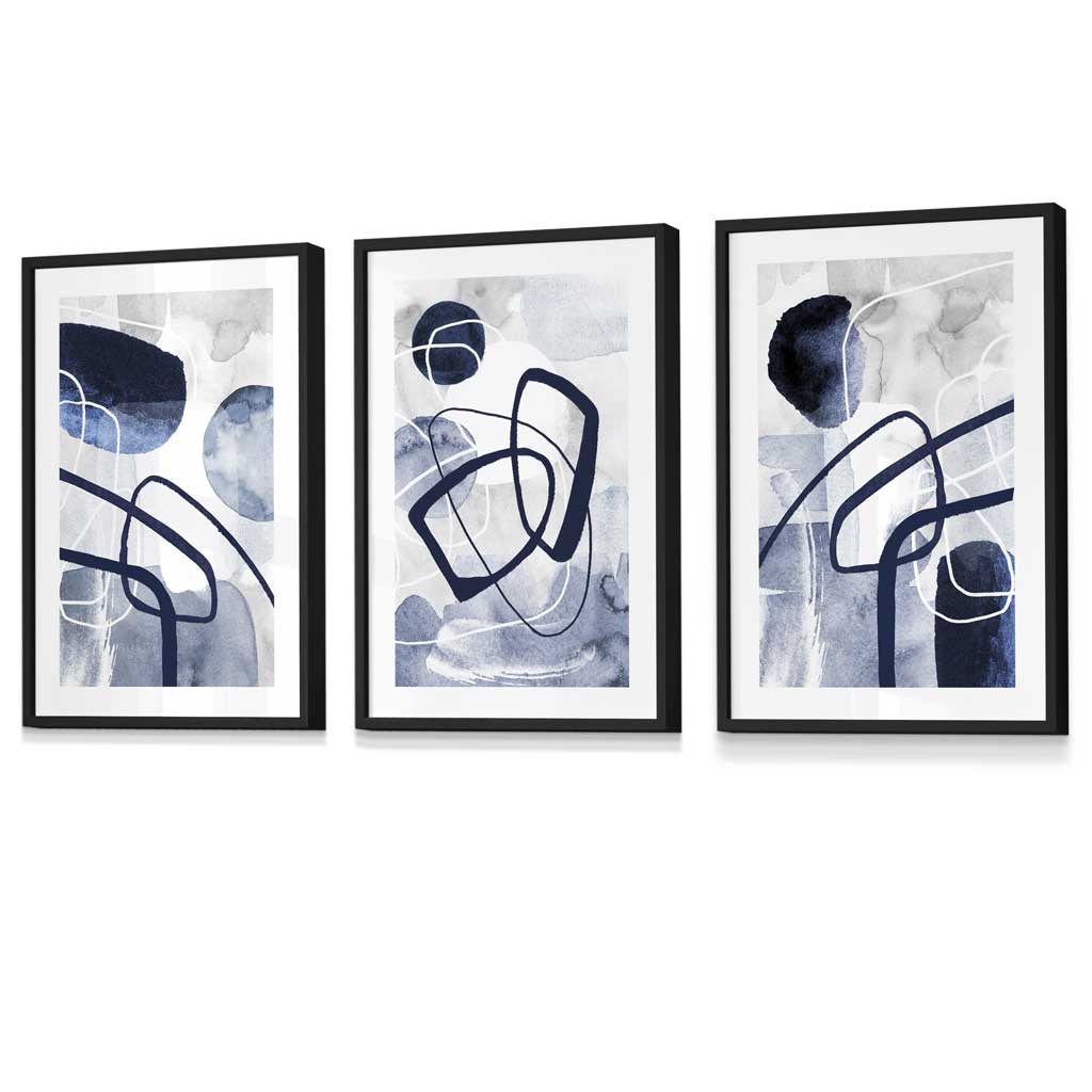 Abstract navy blue shapes set of 3 framed wall art prints | Bowlift
