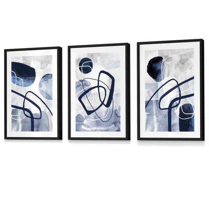 Abstract navy blue shapes set of 3 framed wall art prints | Bowlift