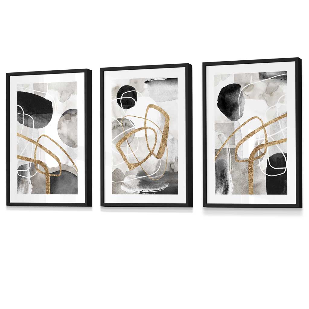 Abstract black, gray, and gold shapes set of 3 framed wall art prints | Bowlift