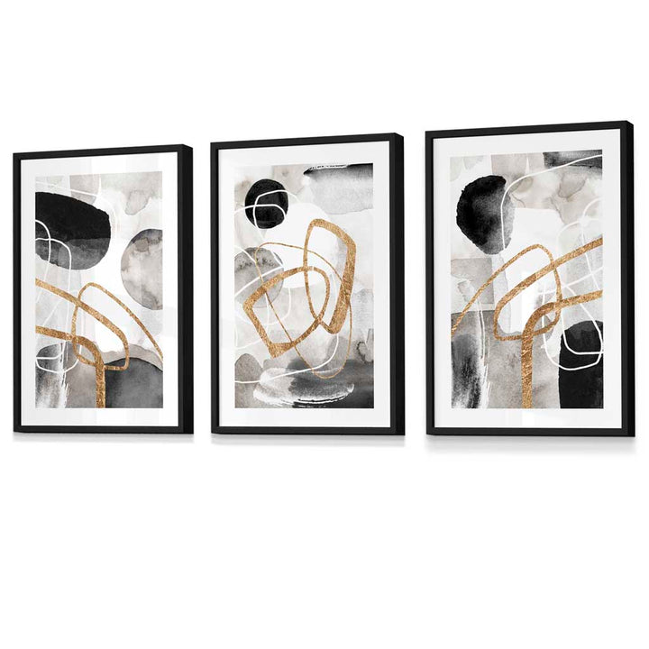Abstract black, gray, and gold shapes set of 3 framed wall art prints | Bowlift