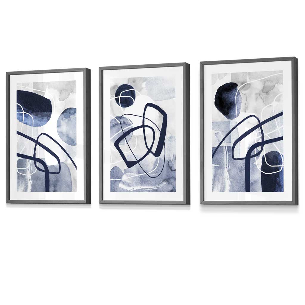 Abstract navy blue shapes set of 3 framed wall art prints | Bowlift