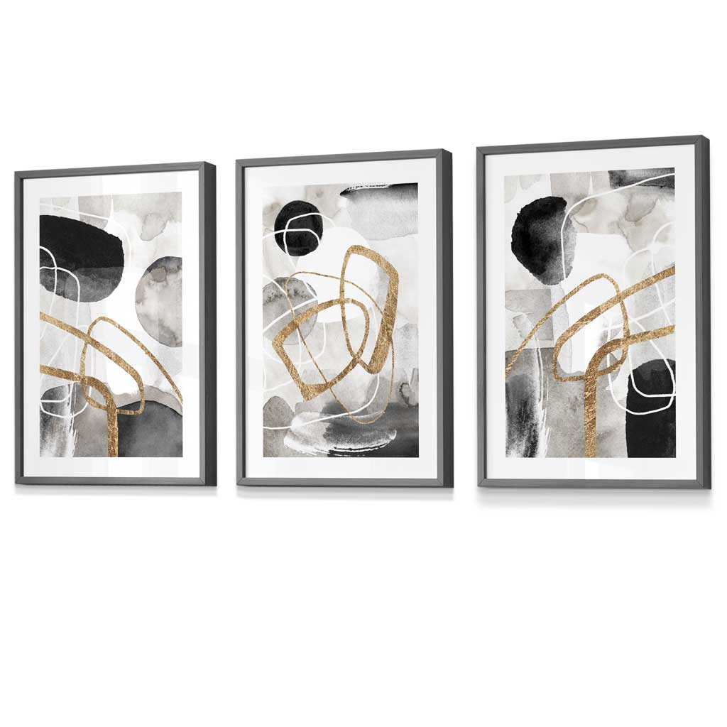 Abstract black, gray, and gold shapes set of 3 framed wall art prints | Bowlift