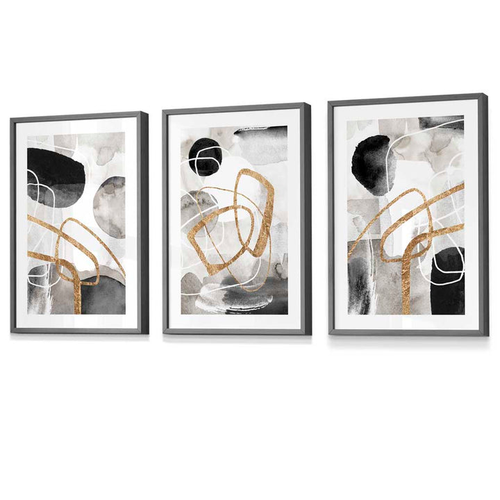 Abstract black, gray, and gold shapes set of 3 framed wall art prints | Bowlift