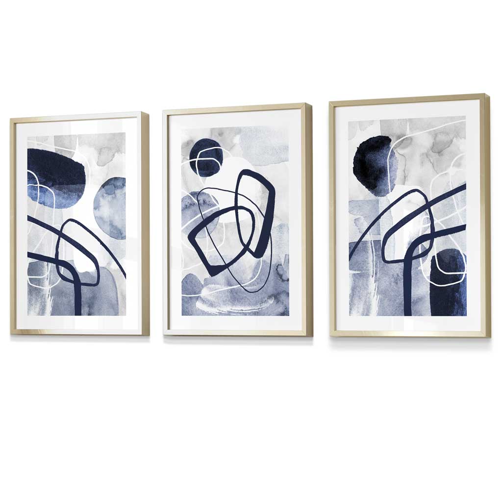 Abstract navy blue shapes set of 3 framed wall art prints | Bowlift
