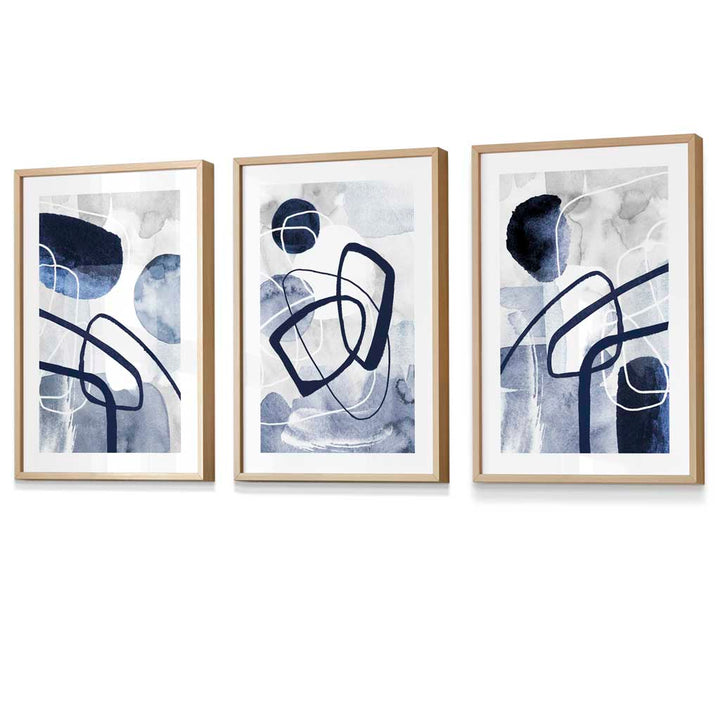 Abstract navy blue shapes set of 3 framed wall art prints | Bowlift