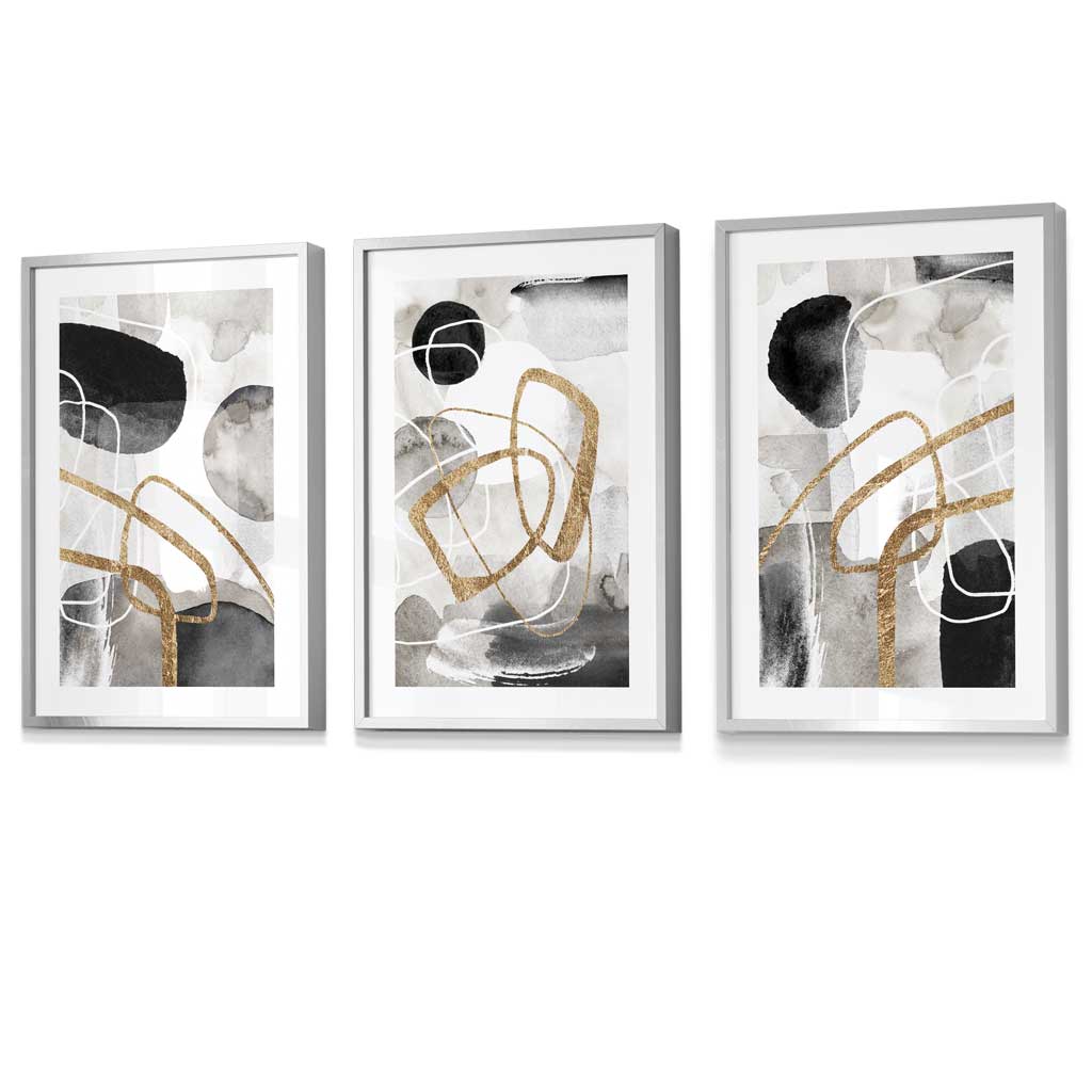 Abstract black, gray, and gold shapes set of 3 framed wall art prints | Bowlift