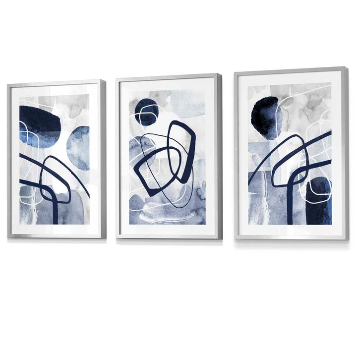 Abstract navy blue shapes set of 3 framed wall art prints | Bowlift