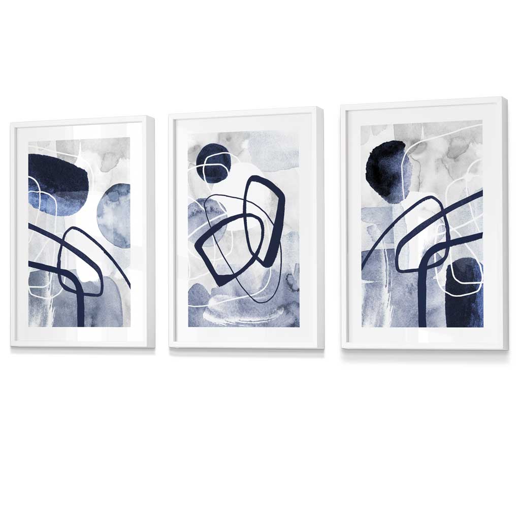 Abstract navy blue shapes set of 3 framed wall art prints | Bowlift