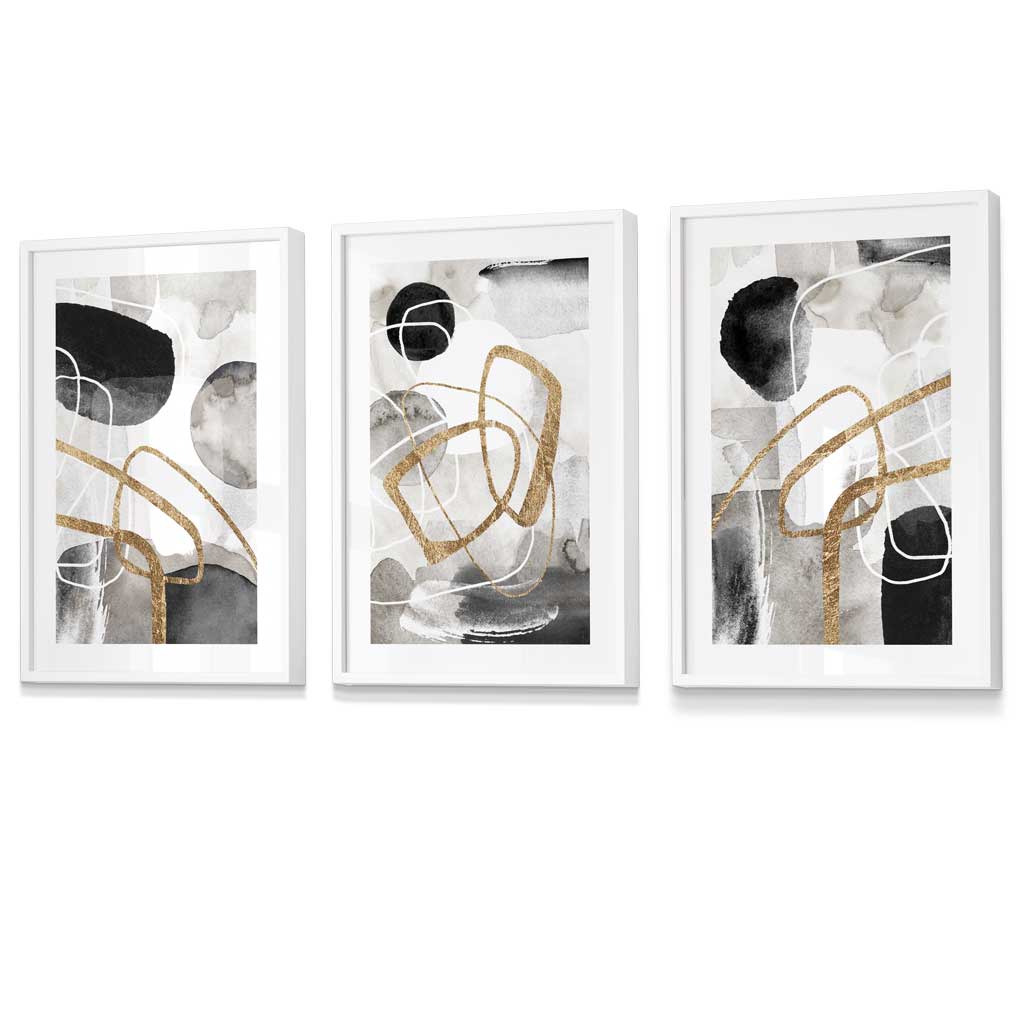 Abstract black, gray, and gold shapes set of 3 framed wall art prints | Bowlift
