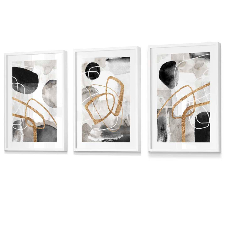 Abstract black, gray, and gold shapes set of 3 framed wall art prints | Bowlift