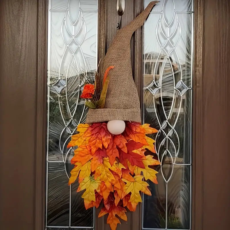 BowLift | Halloween Front Door Wreath | Fall Gnome & Maple Leaf Design | 16-Inch Rustic Decor