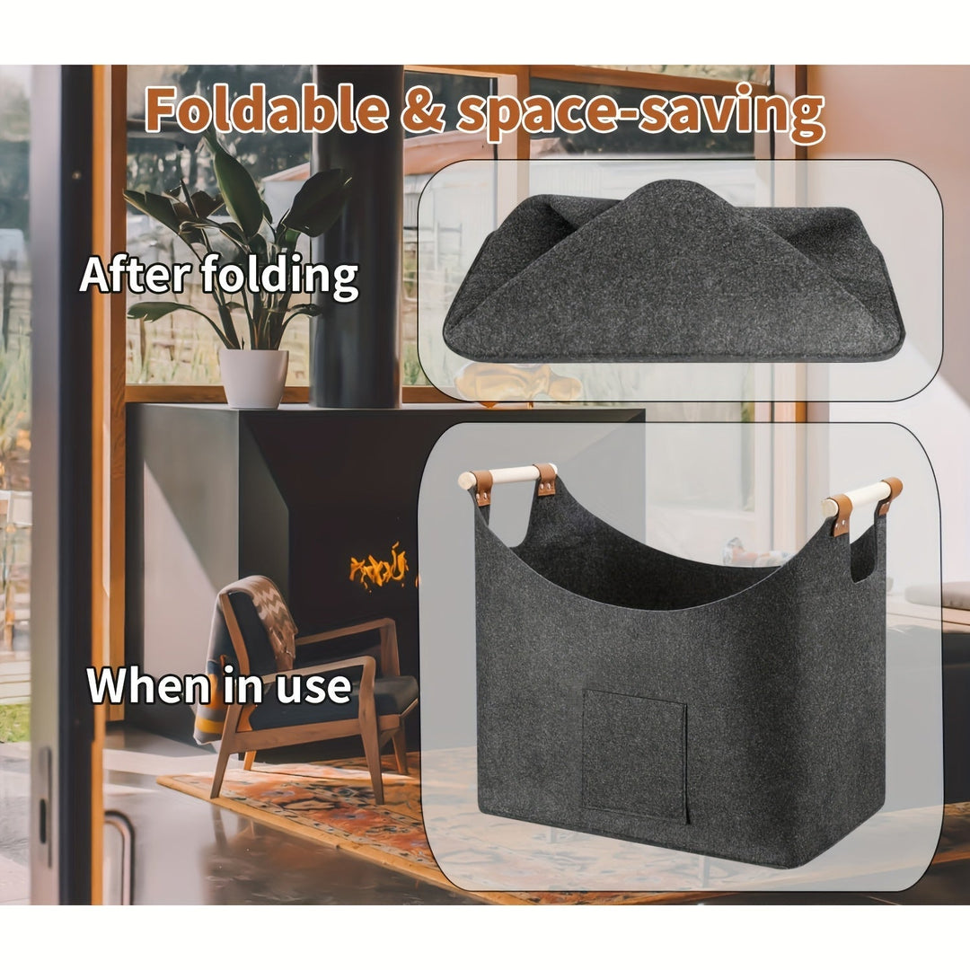BowLift | Felt log basket FELDURA | Collapsible | 55L volume | With wooden handles & leather details | Dark gray