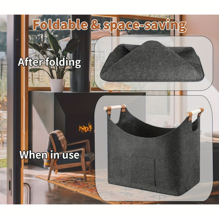 BowLift | Felt log basket FELDURA | Collapsible | 55L volume | With wooden handles & leather details | Dark gray