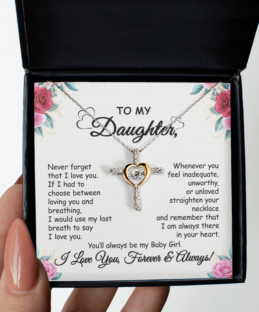 BowLift | Daughter Necklace Gift | Cross Pendant with Cubic Zirconia | Silver-Plated | 16–18" Chain