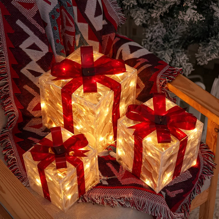 Bright gift boxes in a set of 3 – Transparent Christmas decoration with red ribbons | For indoors & outdoors | Bowlift