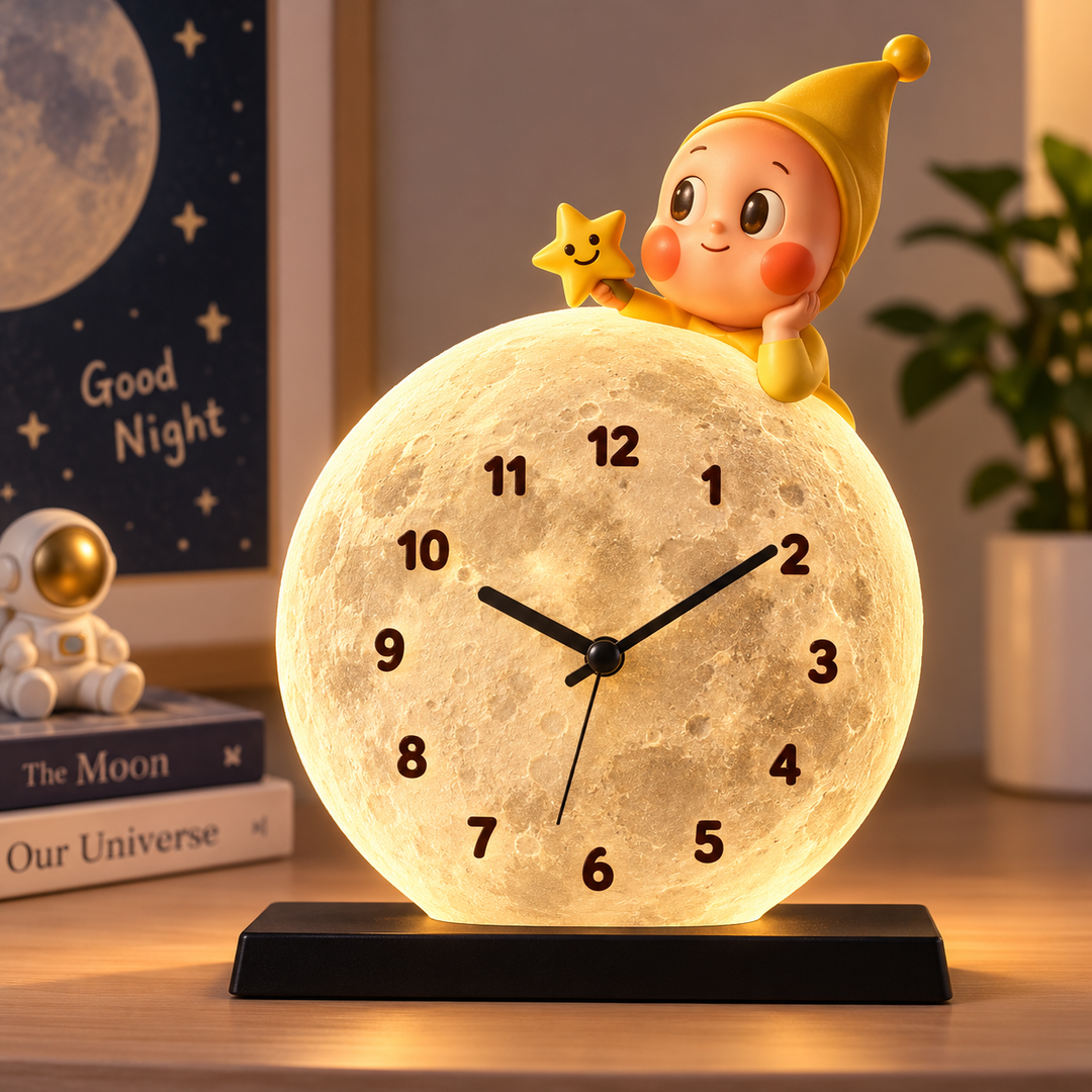 Moon-Shaped Decorative Nightstand Clock with Star Figurine Bowlift