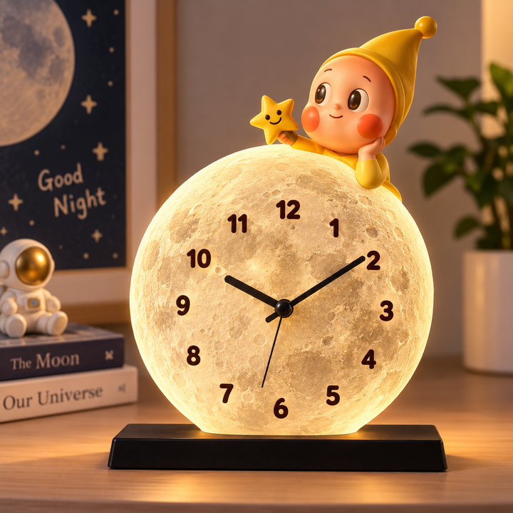 Moon-Shaped Decorative Nightstand Clock with Star Figurine Bowlift