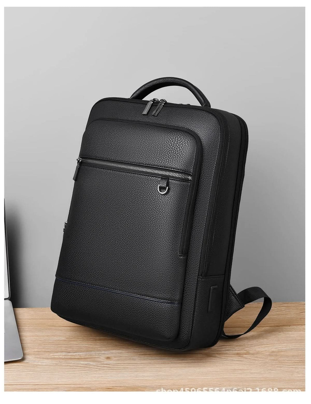 BowLift | Elegant leather rucksack for men/women with USB port for laptop and everyday use, 15.6 inch, black
