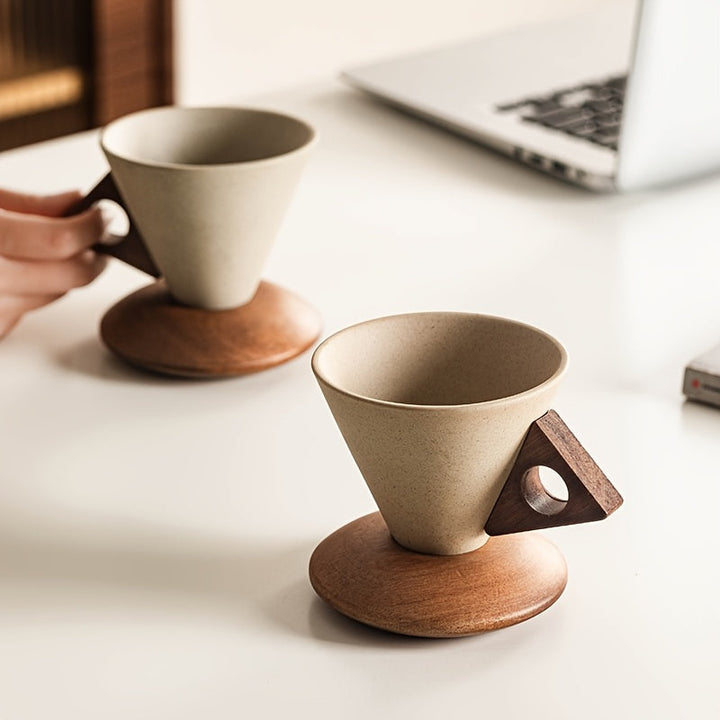 BaristaLuxe Ceramic Coffee Cup 250ml – Handmade with Wooden Handle and Coaster | Bowlift