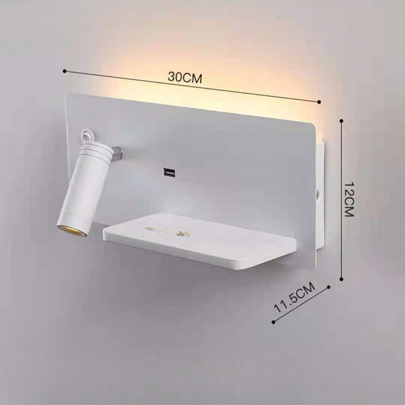 Modern LED wall lamp with USB connection, wall lamp with shelf for bedroom & office | Bowlift