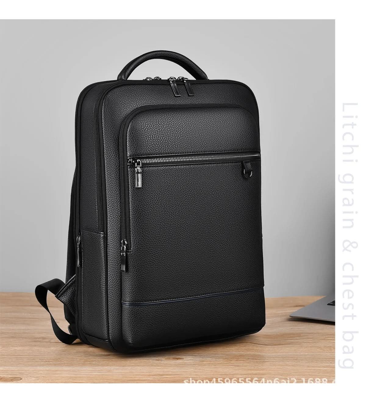 BowLift | Elegant leather rucksack for men/women with USB port for laptop and everyday use, 15.6 inch, black