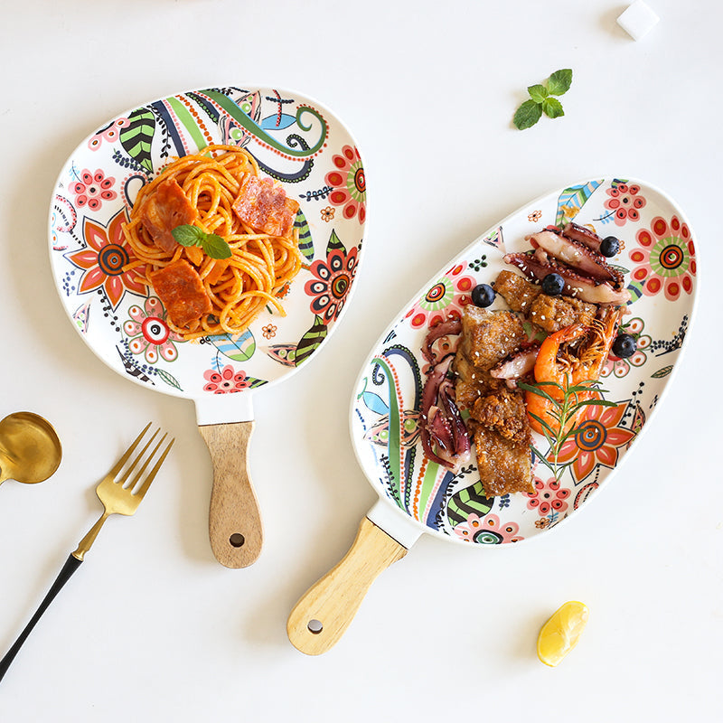 BowLift | Elegant Nordic Ceramic Dinner Plates with Wooden Handle