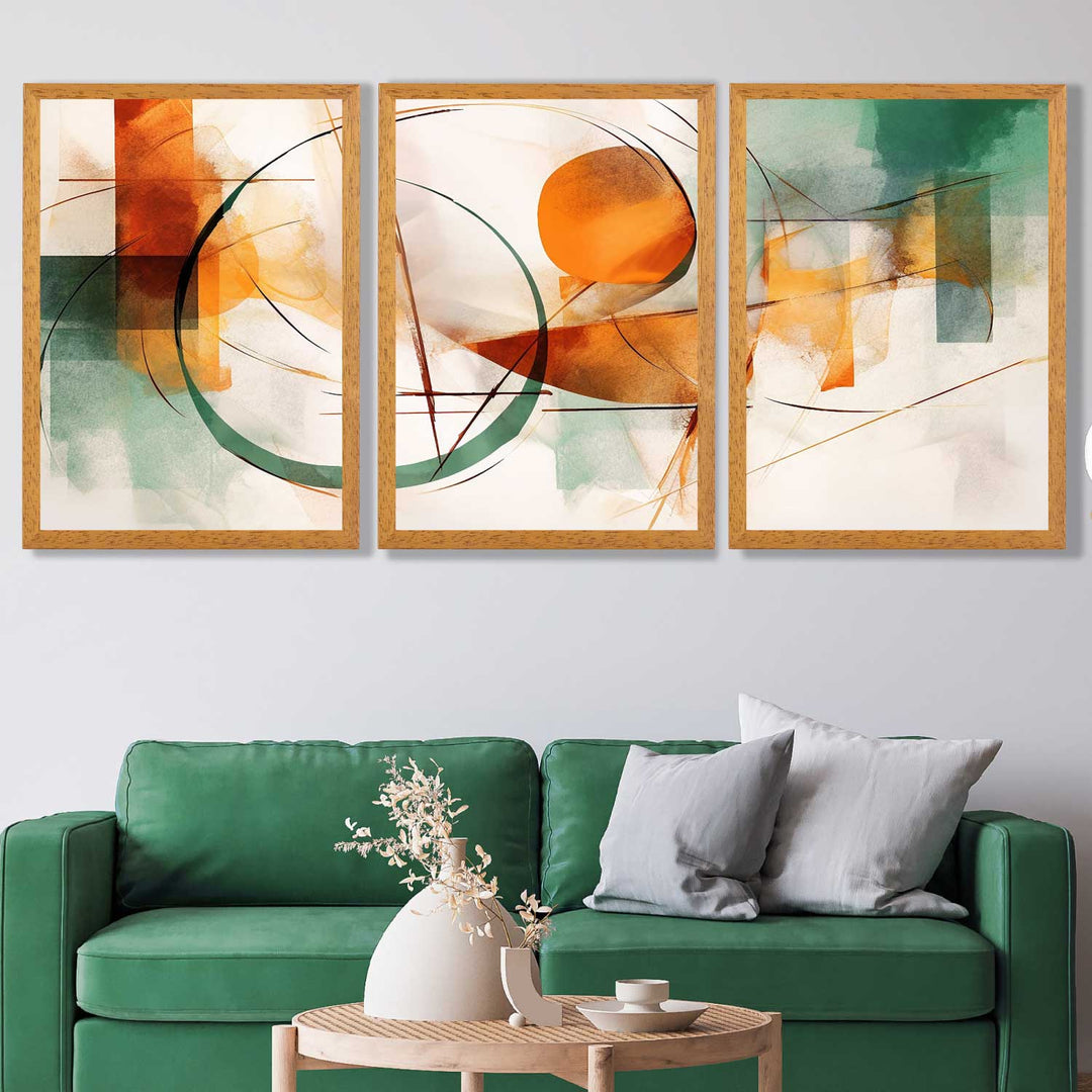 Abstract Set of 3 Wall Art Prints in Green and Orange | Bowlift