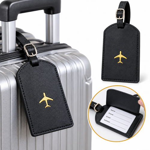 Premium Leather Luggage Tag with Adjustable Strap and Embroidered Airplane Icon Bowlift