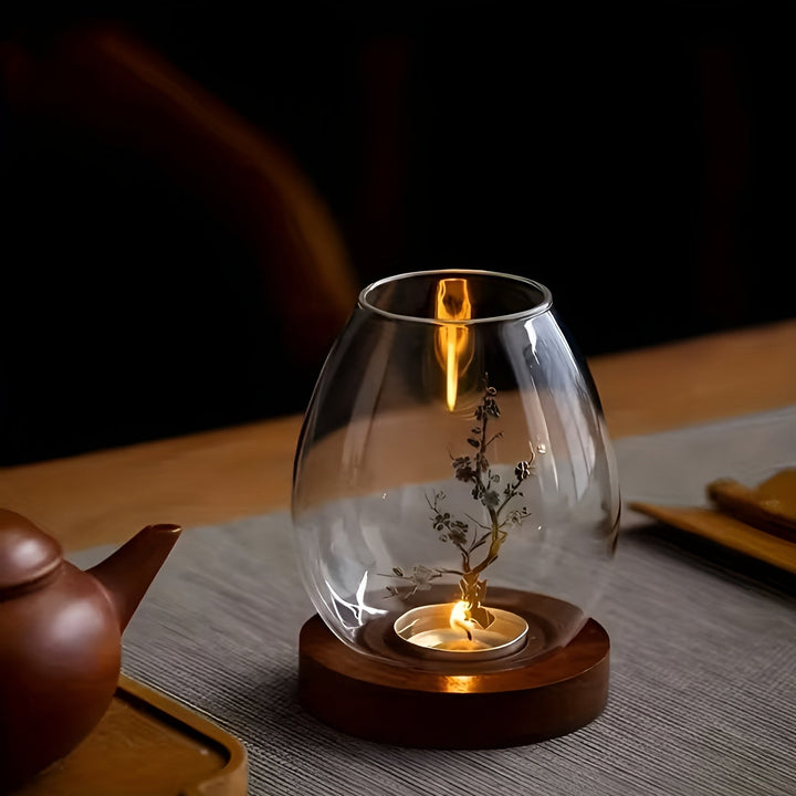 2-piece set glass candle holders with wooden base - decorative in retro zen style | perfect for living room, taBowlifte decoration and outdoor | Bowlift