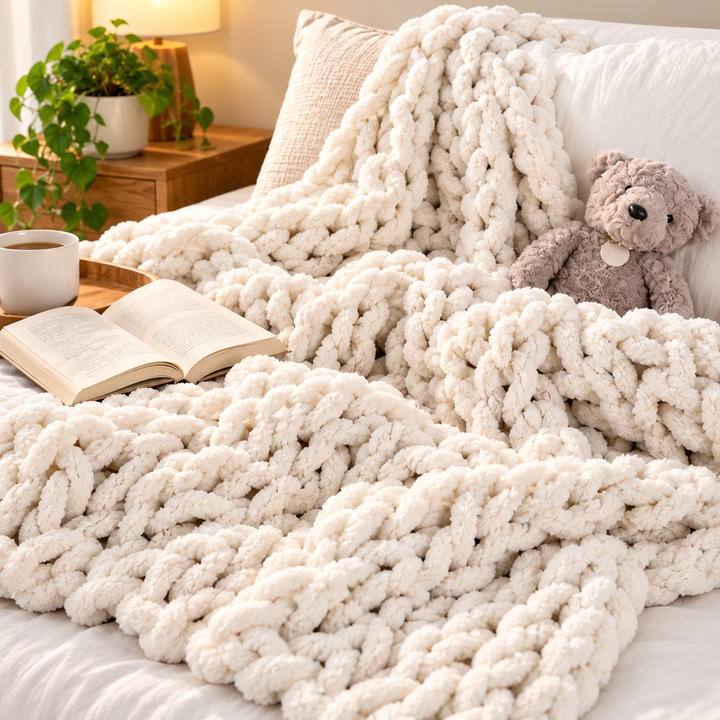Chunky Hand-Knitted Oversized Plush Throw Blanket Bowlift